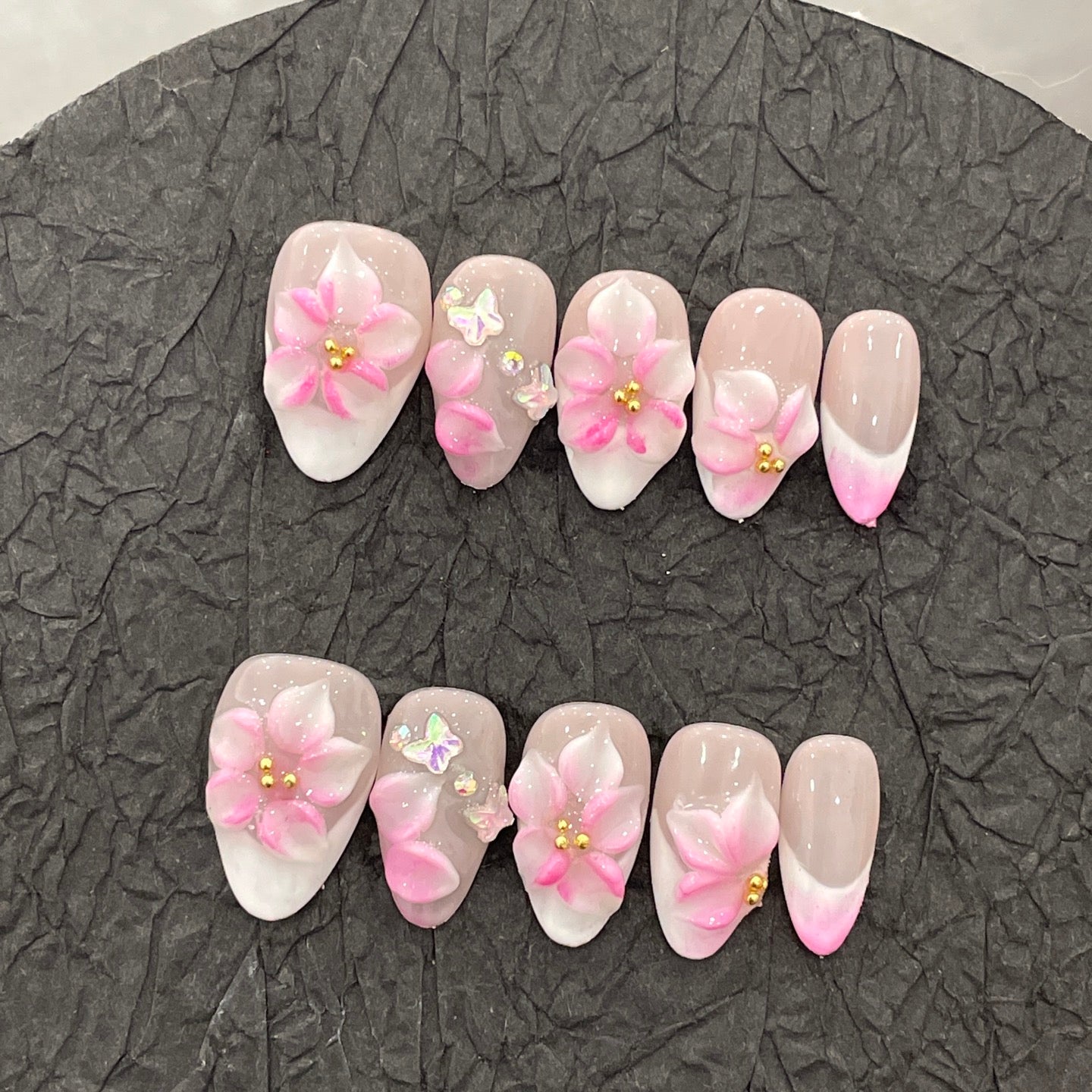 E9-04 Handmade Pink Flower Almond nails