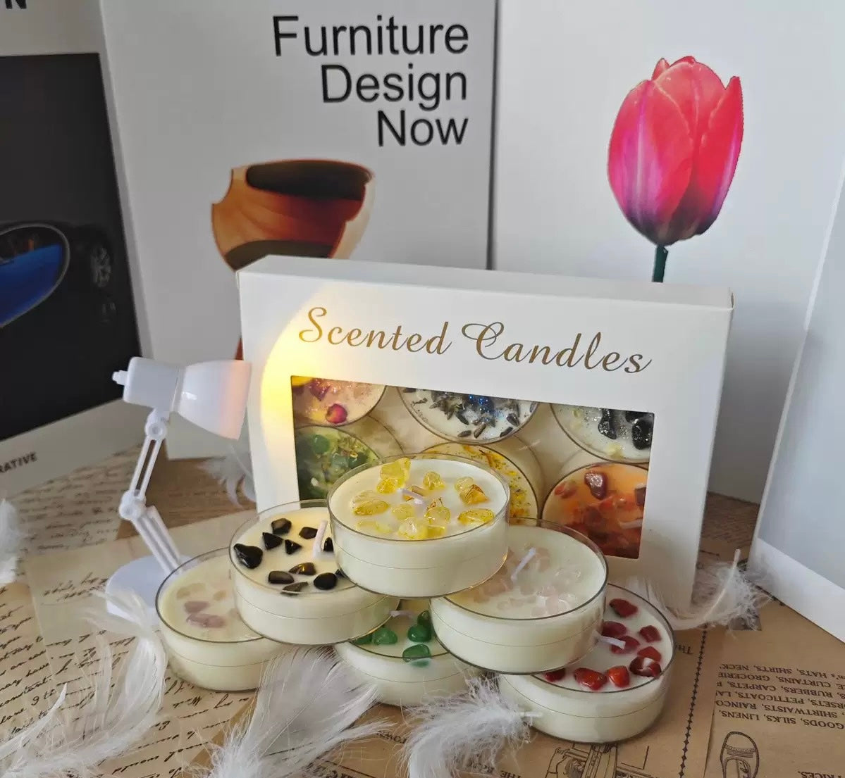 6pcs tea candle gift set with natural flowers and gemstone