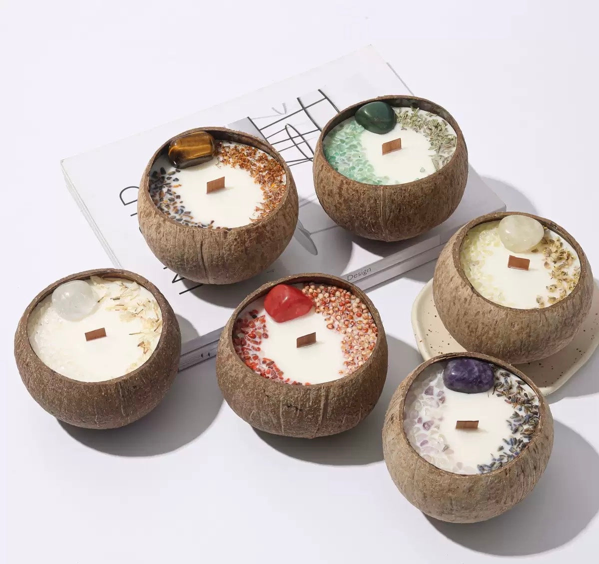Coconut shell jar soy wax lavender scent customized gemstone candle