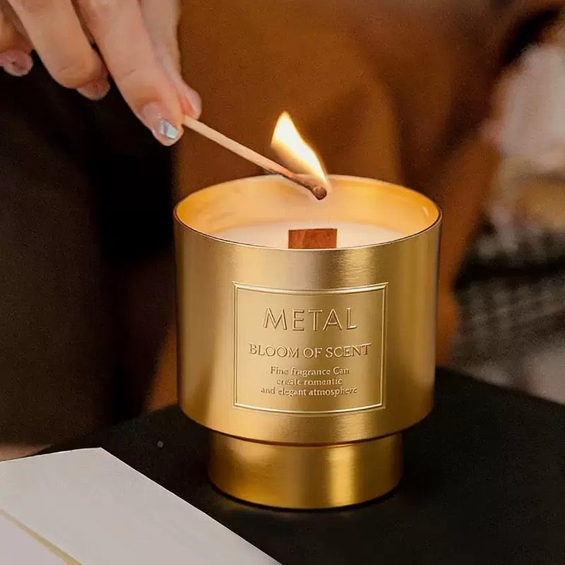 Metal jar luxury customized scent wooded wick soy candle