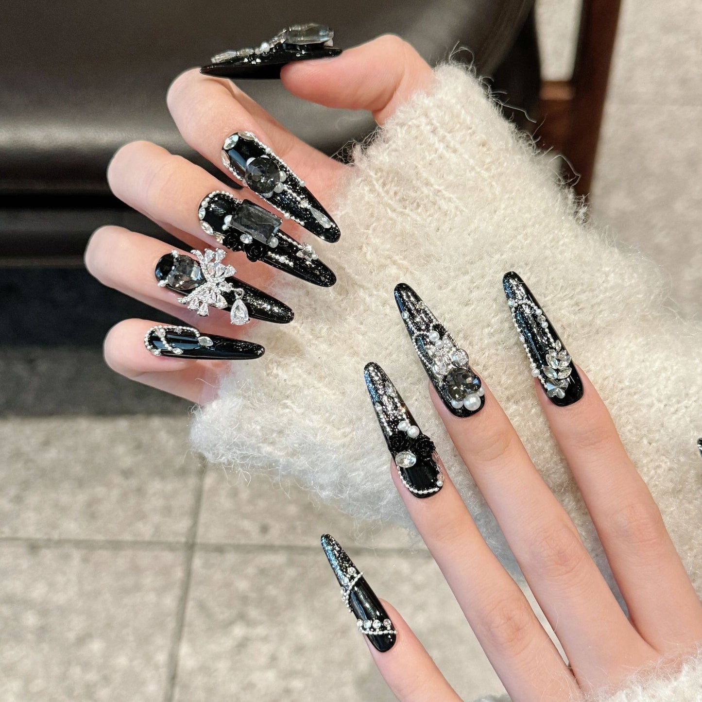 Y series luxury black bowknot long press on nails