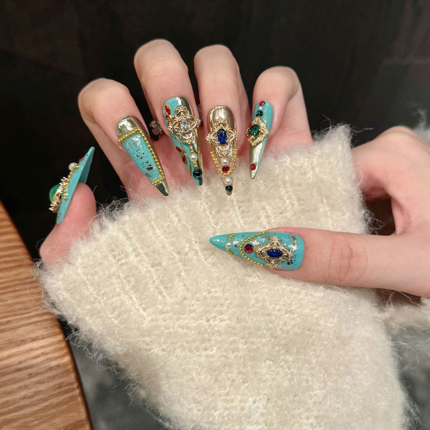 Y series turquoise luxury wedding press on nails
