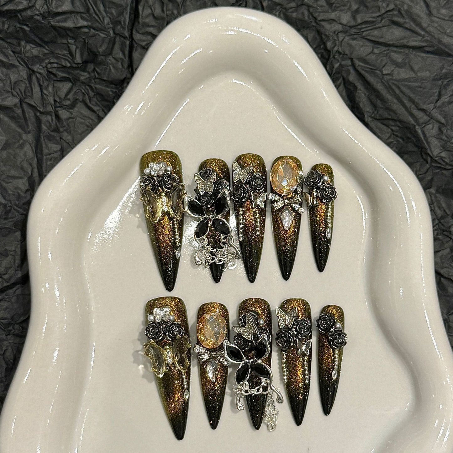 Y series black gold butterfly luxury long press on nails