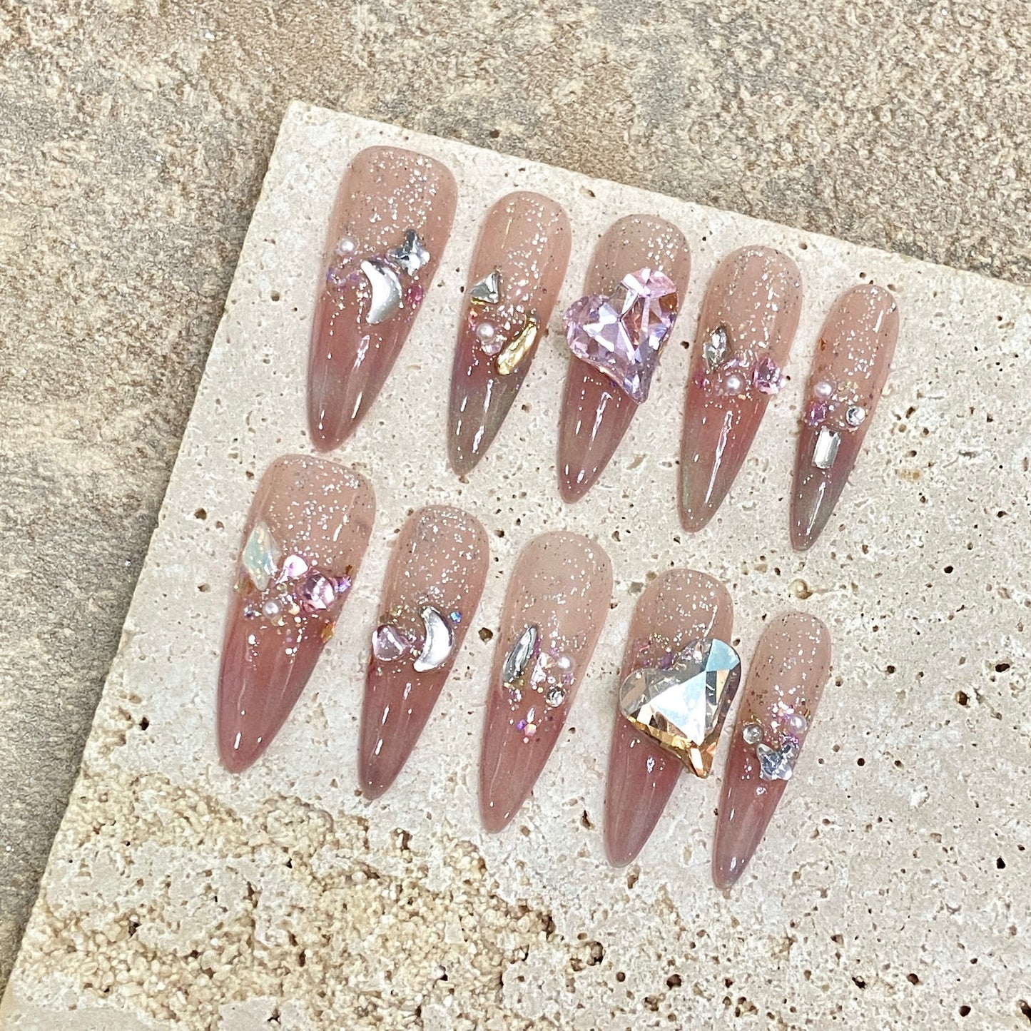 Y series pink heart diamond press on nails