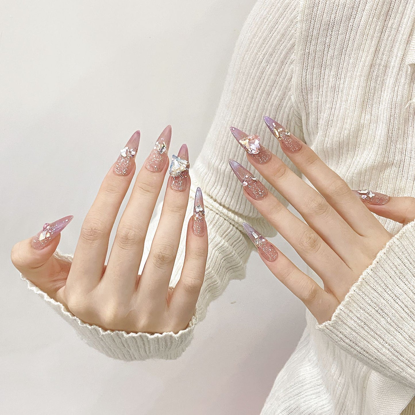 Y series pink heart diamond press on nails