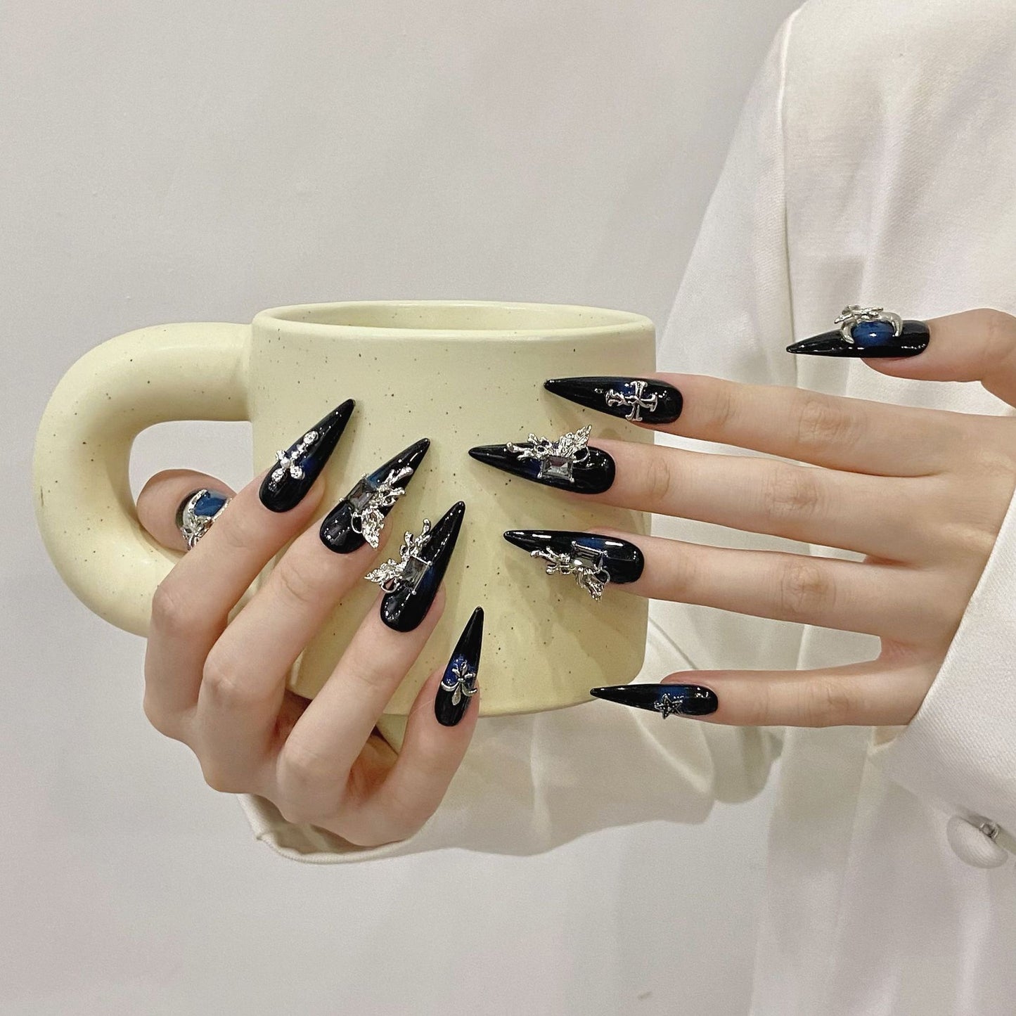 Y series dark blue moon press on nails