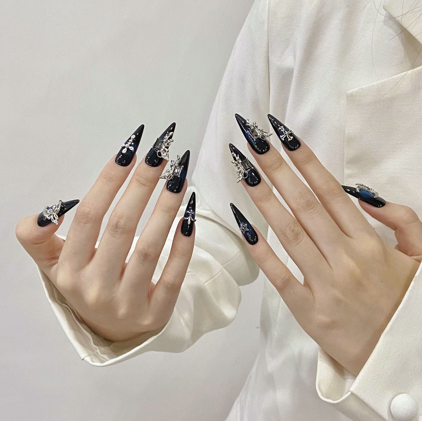 Y series dark blue moon press on nails