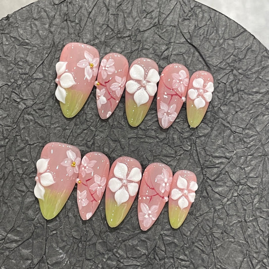 E9-05 Handmade White Peach Almond Spring nails