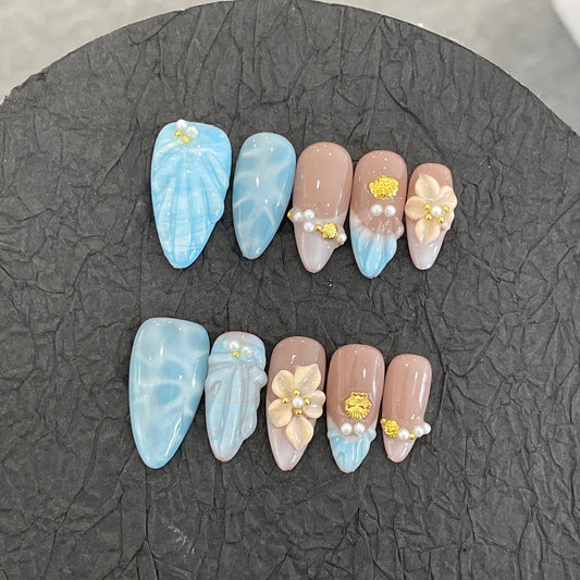 E4-24 Handmade Blue Sea Summer Almond nails