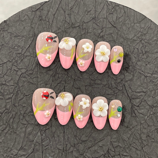 E1-02 Handmade Almond White Flower nails