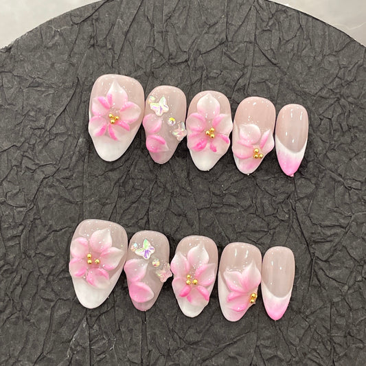 E9-04 Handmade Pink Flower Almond nails