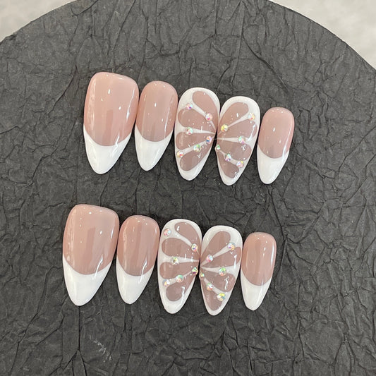 E4-28 Handmade French Pink Almond nails