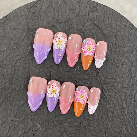 E1-28 Handmade Almond Summer Sea nails