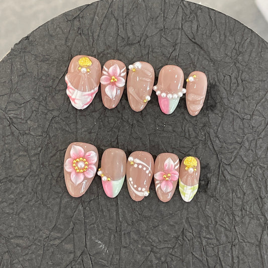 E4-23 Handmade Spring Pink Flower nails