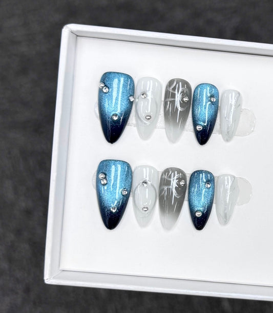 J28 Handmade Almond Blue Cat Eye press on nails