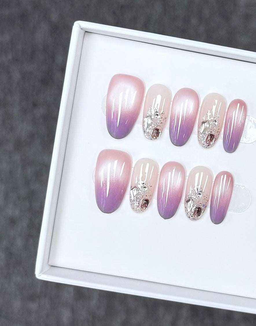 B139 Handmade Purple Cat Eye press on nails