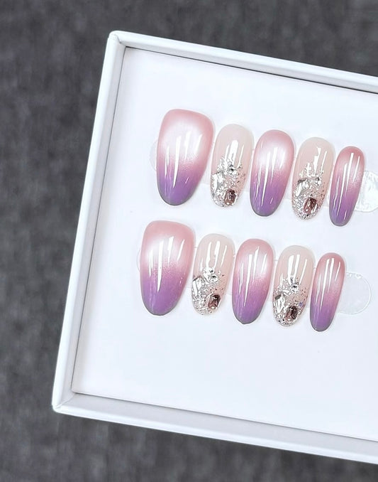 B139 Handmade Purple Cat Eye press on nails