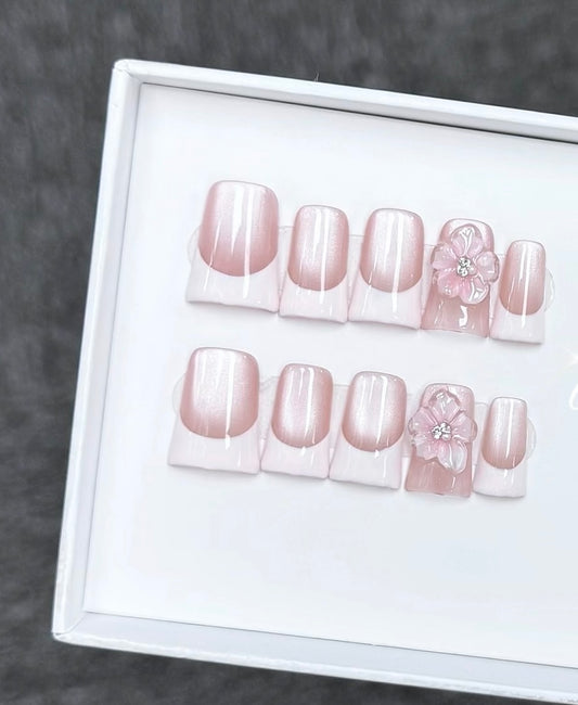 J24 Handmade Pink Cat Eye press on nails