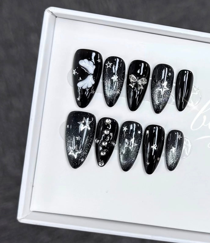 B87 Handmade Almond Cat Eye Black press on nails