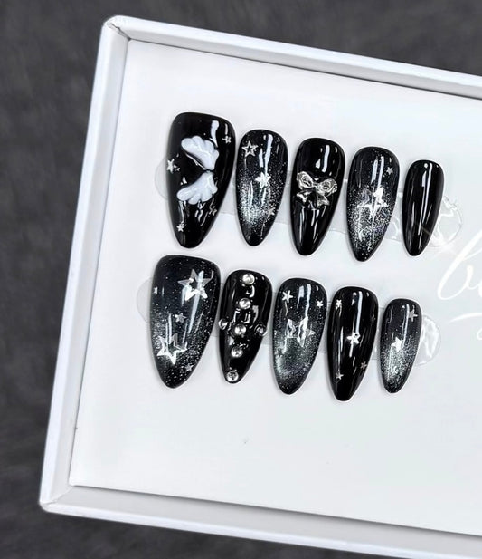 B87 Handmade Almond Cat Eye Black press on nails