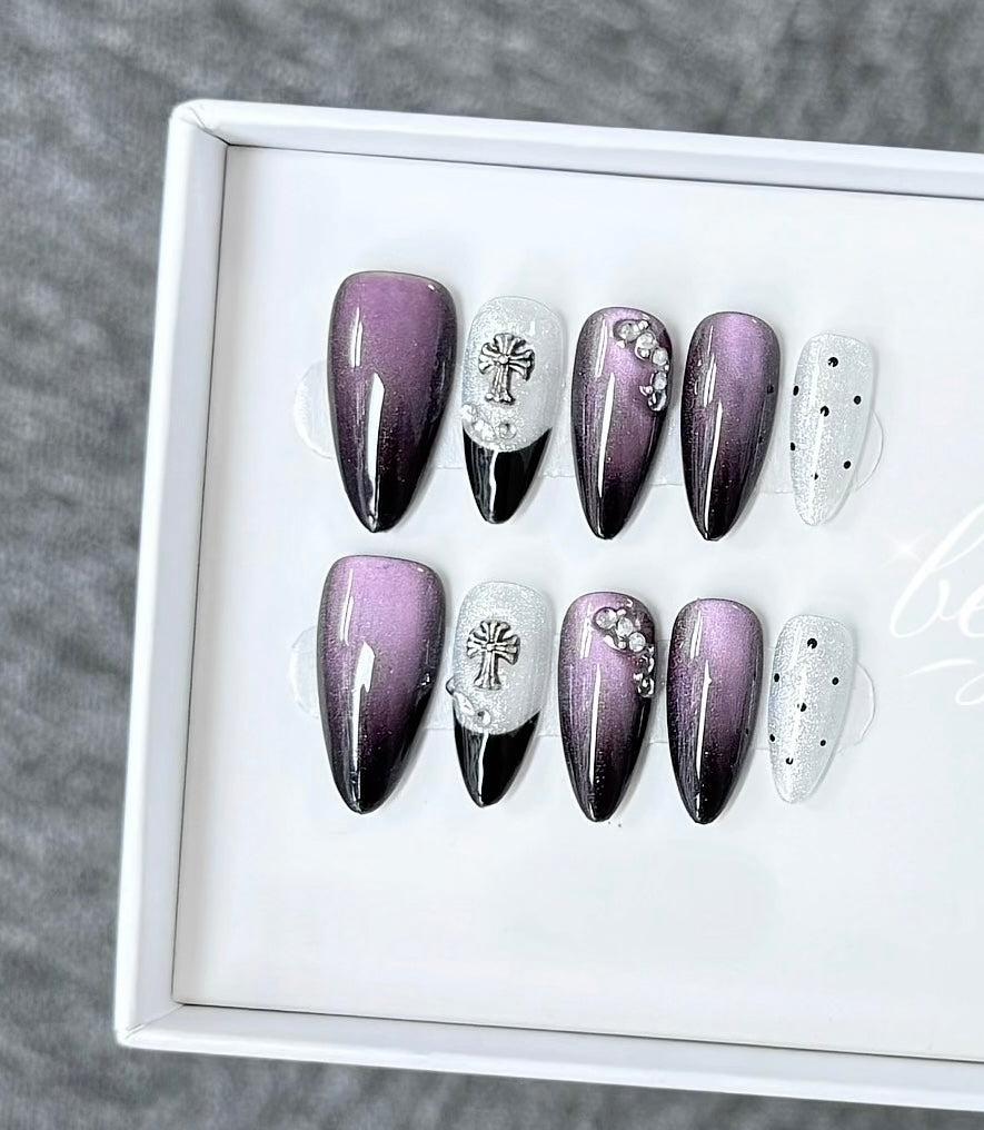 J27 Handmade Almond Purple press on nails