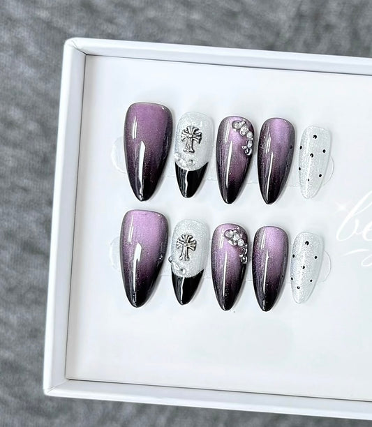J27 Handmade Almond Purple press on nails