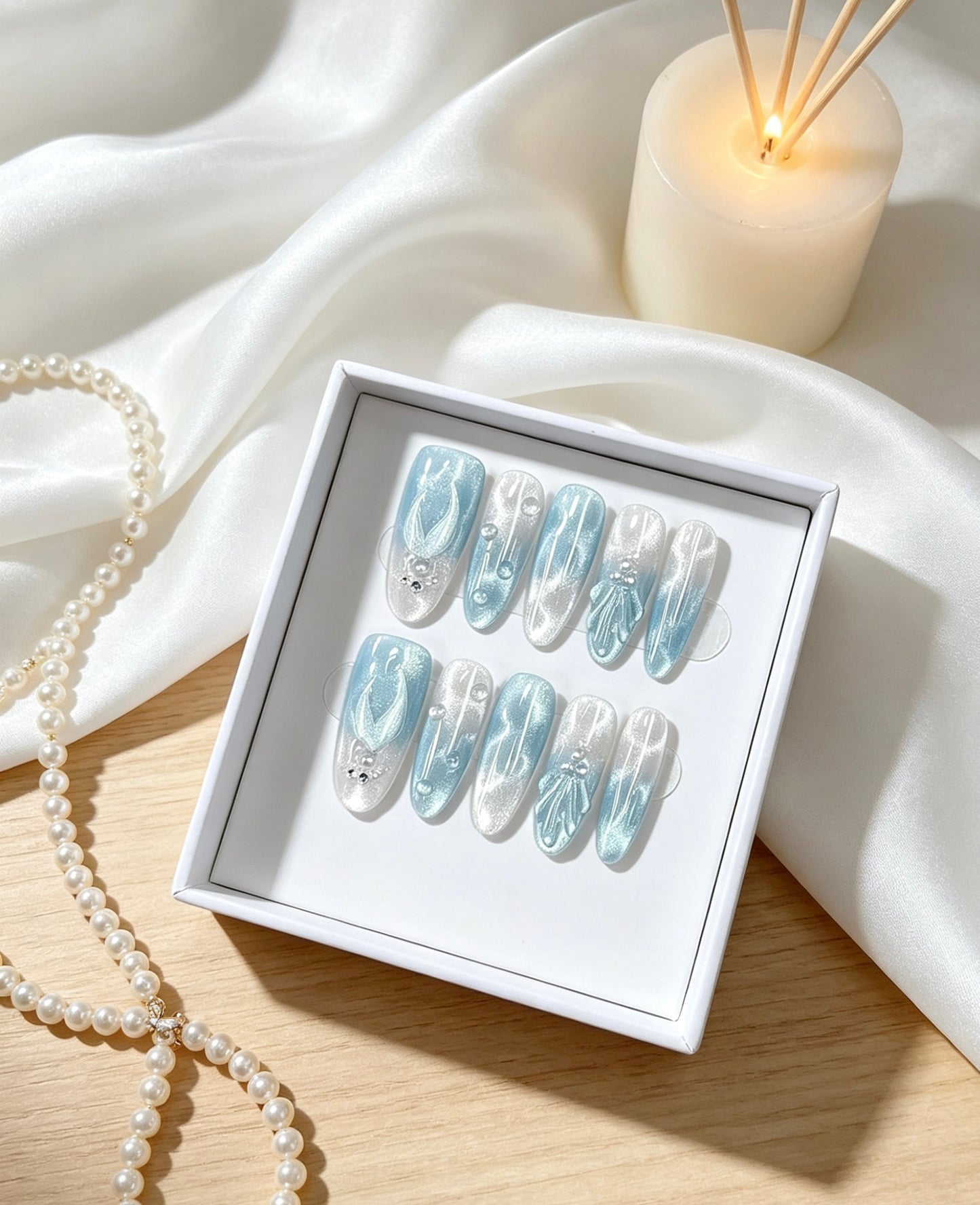 B19 Handmade Blue ocean press on nails