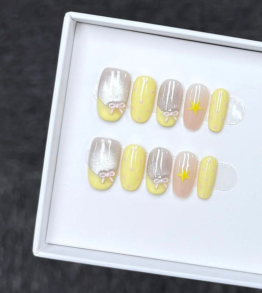 A28 Handmade French style yellow press on nails