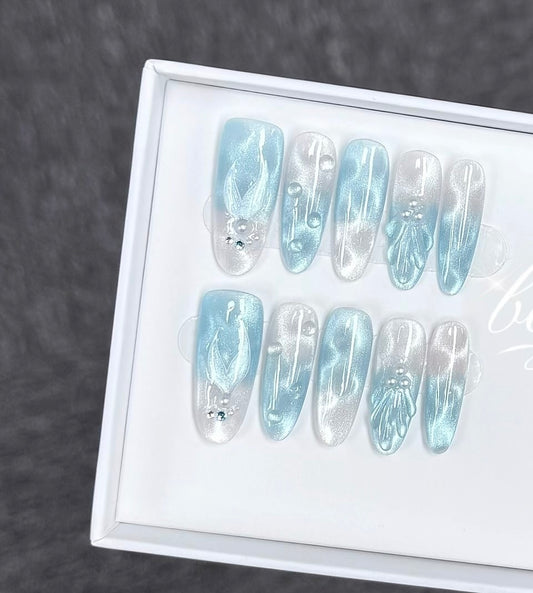 B19 Handmade Blue ocean press on nails