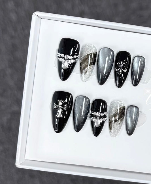 J07 Handmade Cat Eye Black Cool press on nails