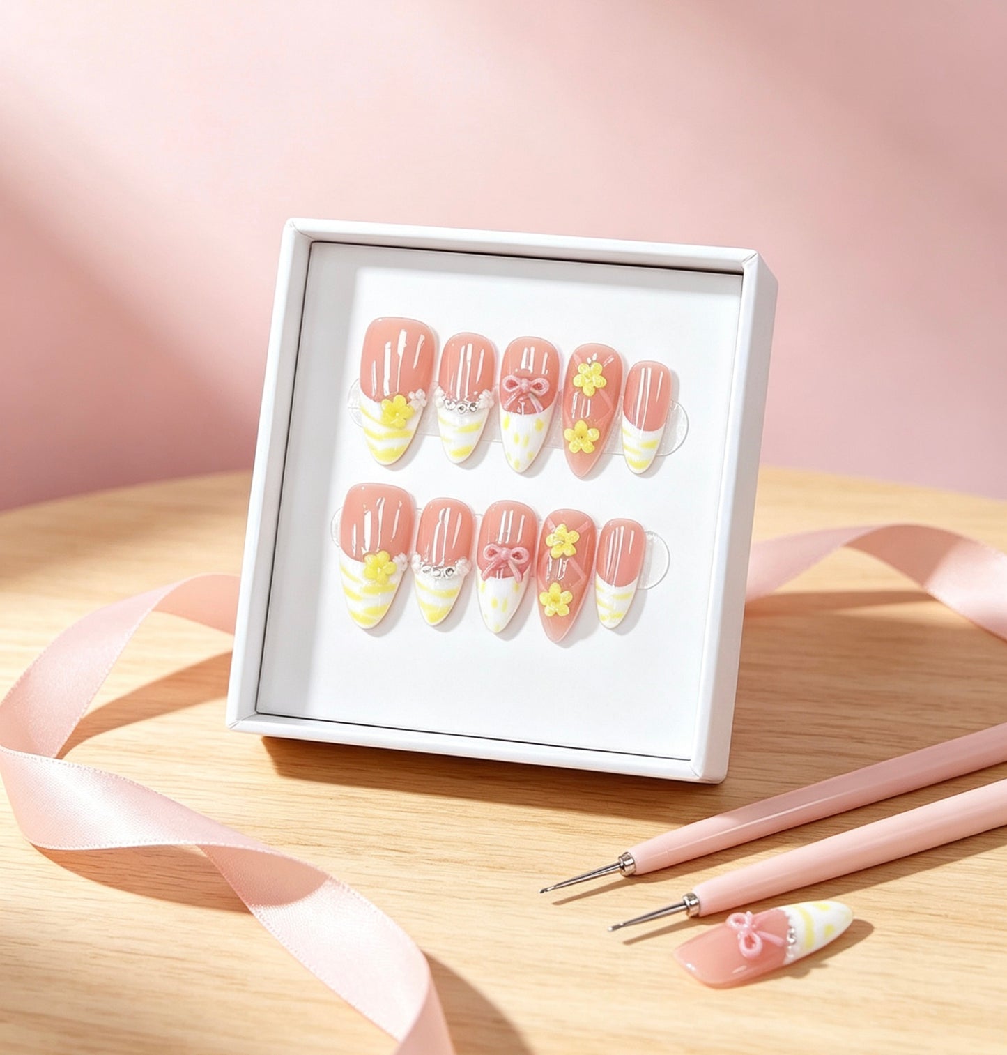 J04 Handmade Almond Pink Flower press on nails