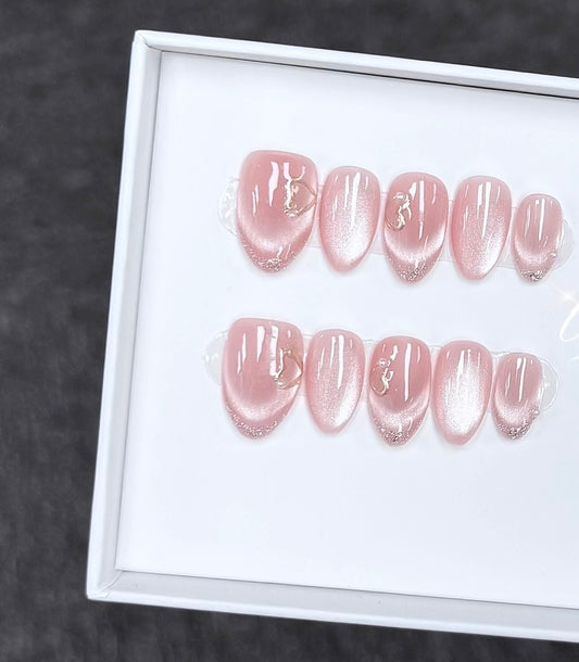 J49 Handmade Almond Pink Cat Eye press on nails