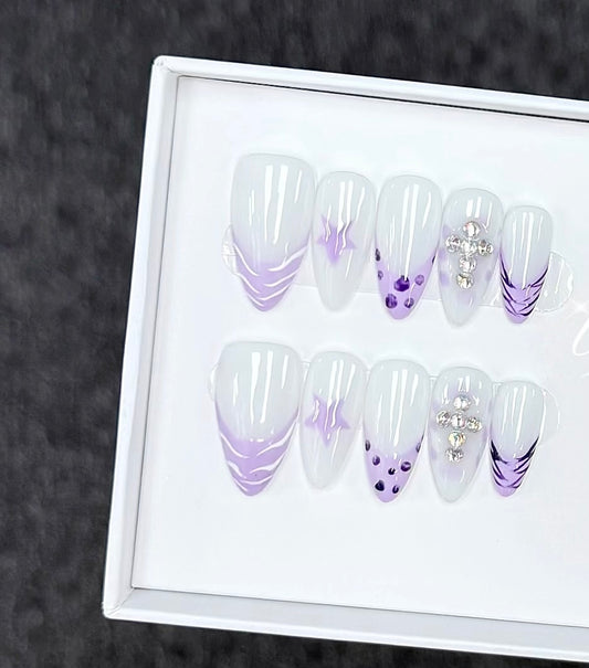 J10 Handmade Almond Purple press on nails