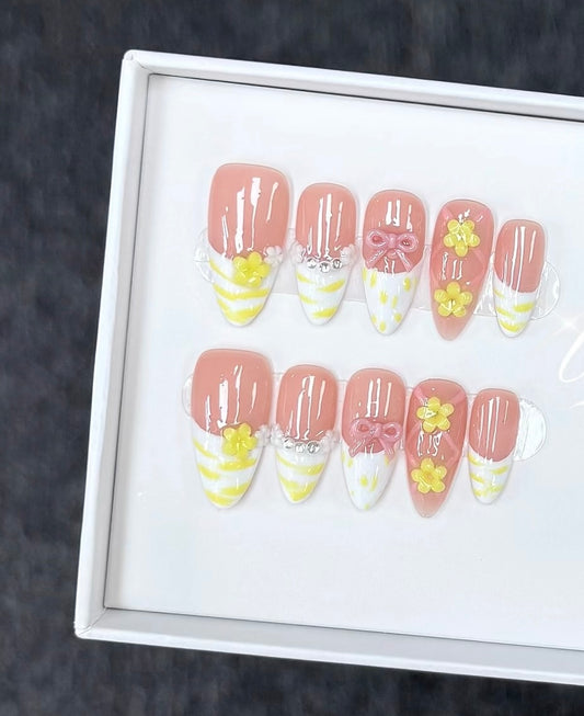 J04 Handmade Almond Pink Flower press on nails