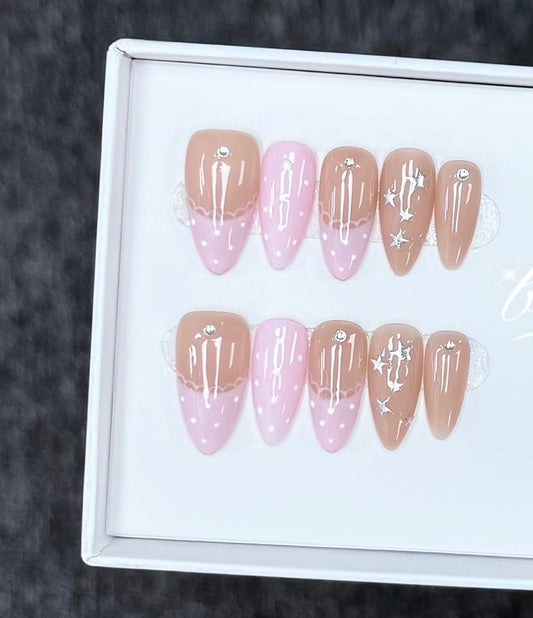 J18 Handmade Almond Star Design press on nails