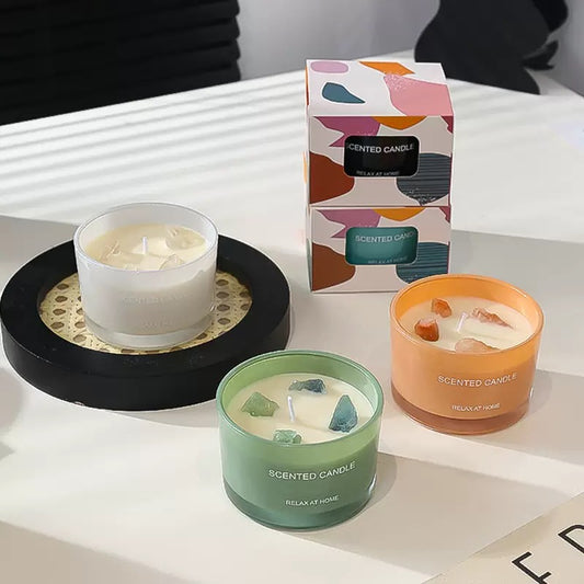 Customized glass soy wax candle with jade stone