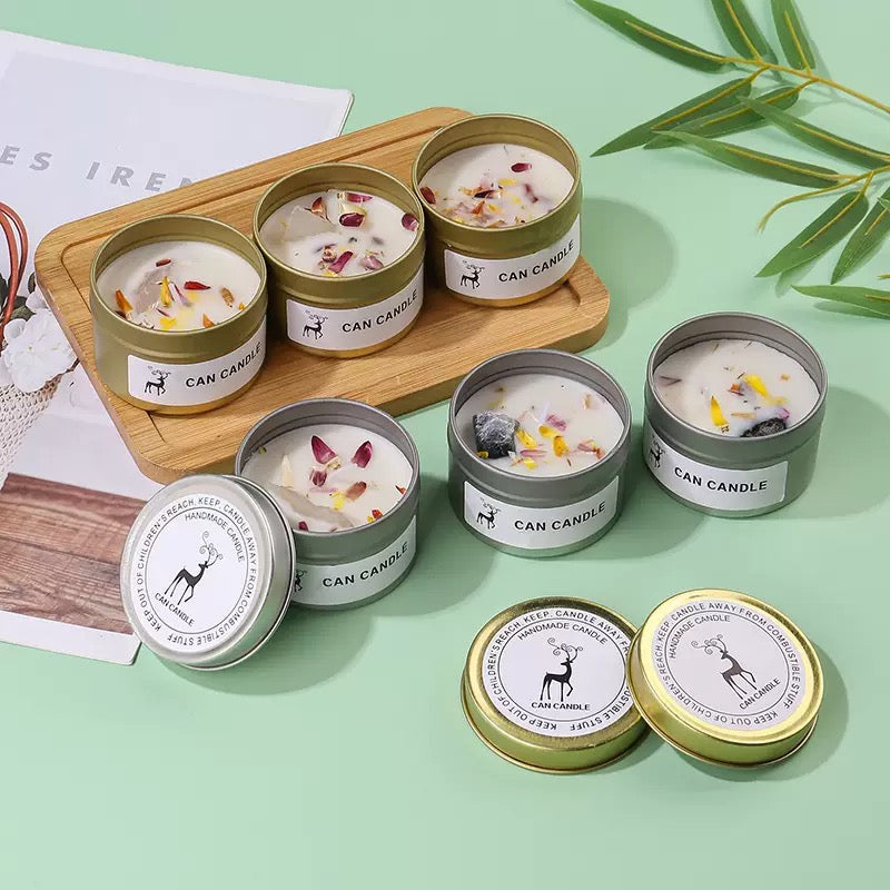 Gold silver tin jar soy scented candles with customized scent gemstone