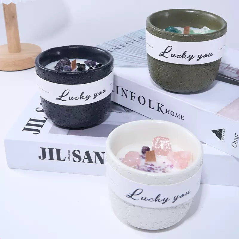 Selenite jar wood wick soy wax scented customized gemstone candle for Christmas