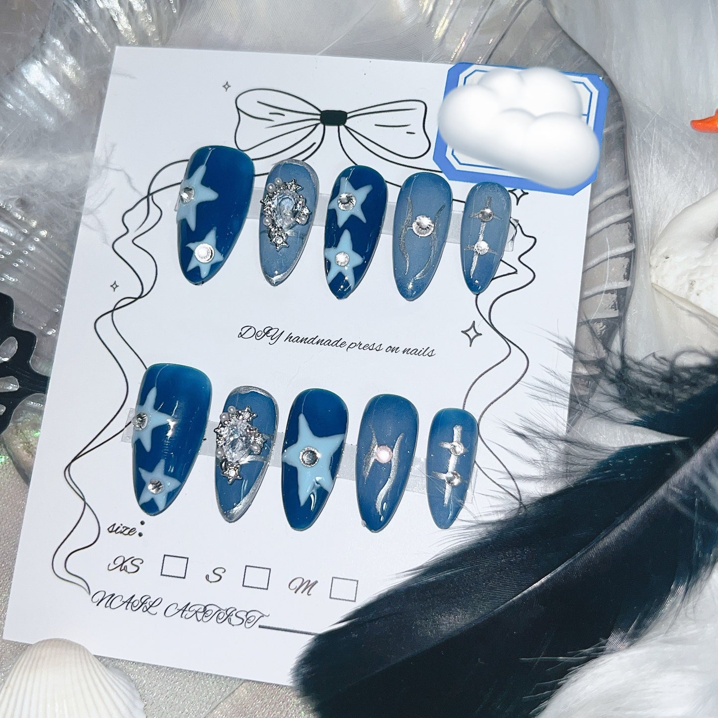 Moon and star handmade blue sky press on nails