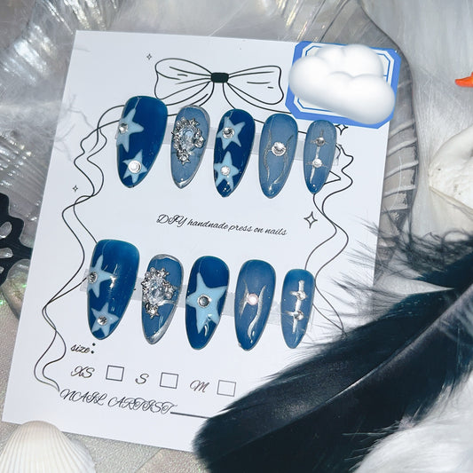 Moon and star handmade blue sky press on nails