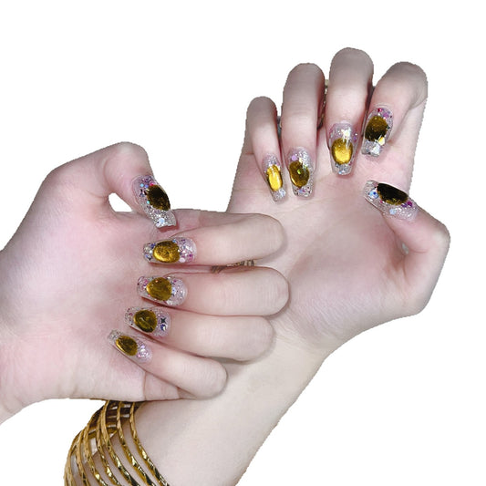 Cat eye yellow luxury press on nails