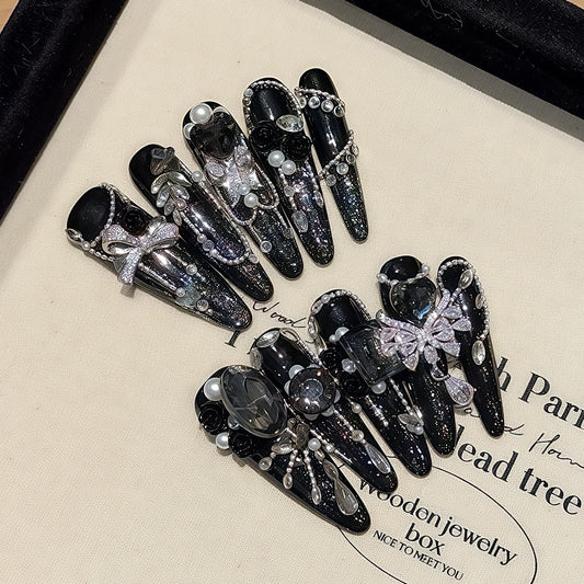 Y series luxury black bowknot long press on nails