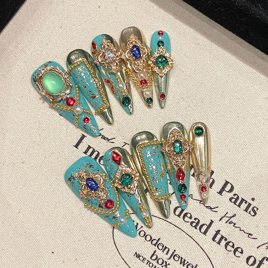 Y series turquoise luxury wedding press on nails