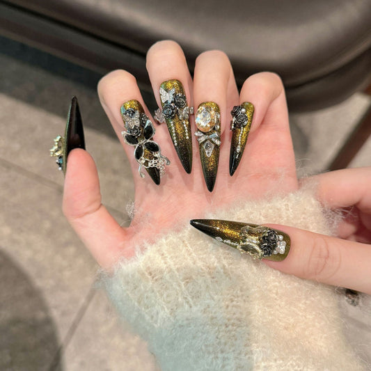 Y series black gold butterfly luxury long press on nails