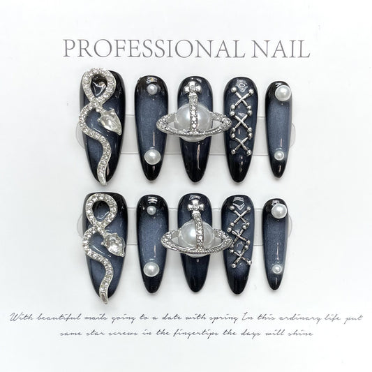 Y series dark blue snake cool style press on nails