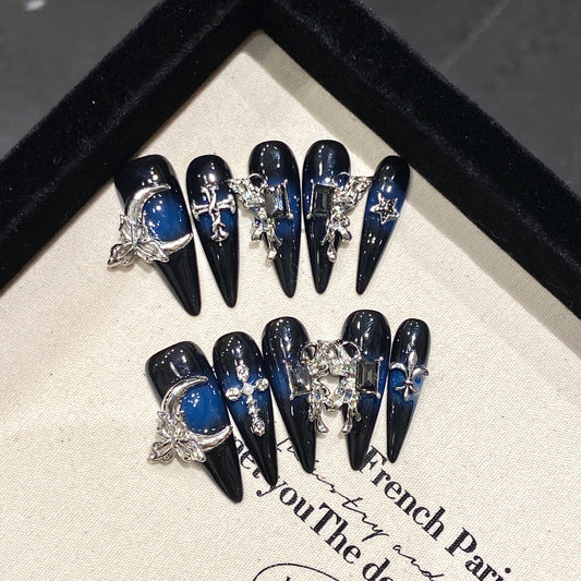 Y series dark blue moon press on nails