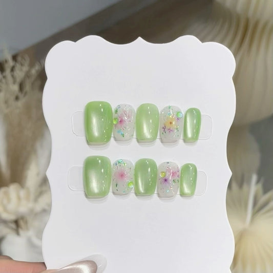 A77 Handmade Green Forest Press on Nails
