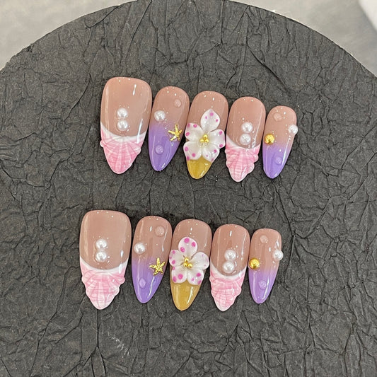 E4-26 Handmade Almond Pink press on nails