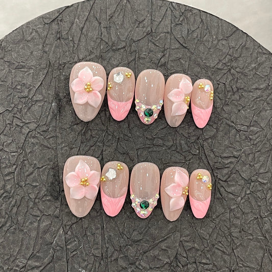 E5-05 Handmade Pink Diamond Almond nails